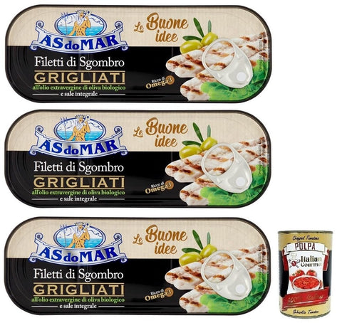 As Do Mar Filetti Di Sgombro Grigliati, Lot De 3 Filets De Maquereau Grillés À L'huile D'olive Bio Extra Et Sel Complet, Boîte De 120 G + Boîte Italienne Gourmet Polpa Di Pomodoro 400 G