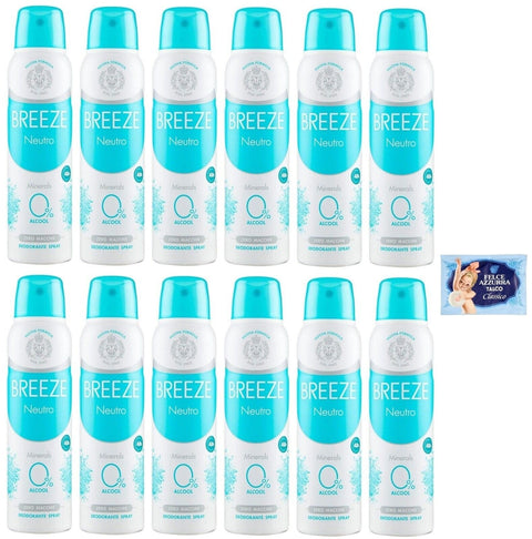 12 X Breeze Déodorant Spray Neutre Minerals, Zéro Taches Sur La Peau, 0 % Sels D'aluminium 150 Ml + 1 Paquet De Talc Fougère Bleue Gratuit, Enveloppe De 100 G