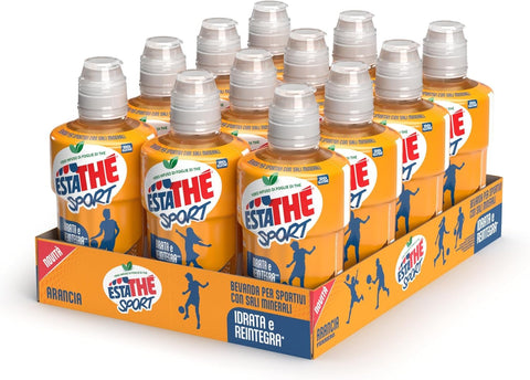 Estathè Sport Pesca Boisson sportive au thé à l'orange 12 x 250 ml – Boisson rafraîchissante à l'orange avec des minéraux et un bouchon sport pratique pour l'école, le bureau, l'entraînement, le football, le tennis et le fitness.
