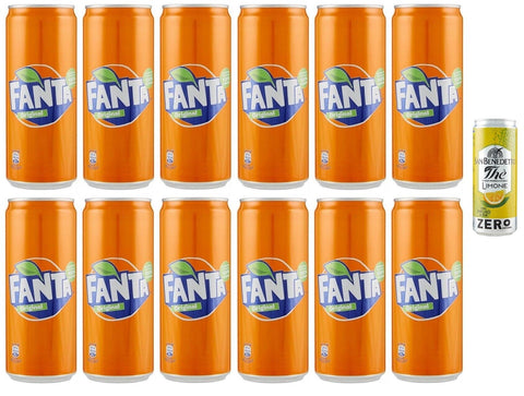 Fanta Original Lot De 12 Boissons Rafraîchissantes Sans Alcool Avec Jus D'orange, Boîte Jetable 250 Ml + 1 Boîte De Thé Glacé San Benedetto Au Citron Sans Sucre 330 Ml