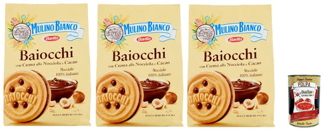 Mulino Bianco, Biscotti Baiocchi Farciti Con Crema Alla Nocciola E Cacao, Biscuits Farcis De Crème Noisette Et De Cacao, 3x 260 + Italian Gourmet Polpa 400g