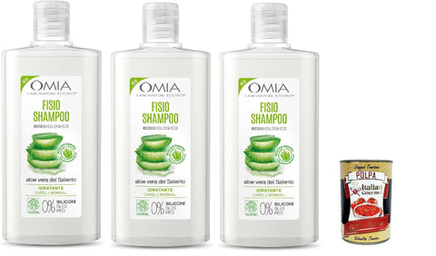 Omia Fisio Eco Lot De 3 Shampoings Bio À L'aloe Vera Pour Cheveux Normaux, Hydratation Et Équilibre, Convient Pour Une Utilisation Fréquente, Sans Silicone, 3 X 200 Ml + Italian Gourmet Polpa 400 G