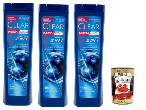 Clear Action Shampooing 2 En 1 Pour Homme Pour Tous Les Types De Cheveux Et De Cuir Chevelu – Shampooing Antipelliculaire 3 X 225 Ml + Italian Gourmet Polpa 400 G