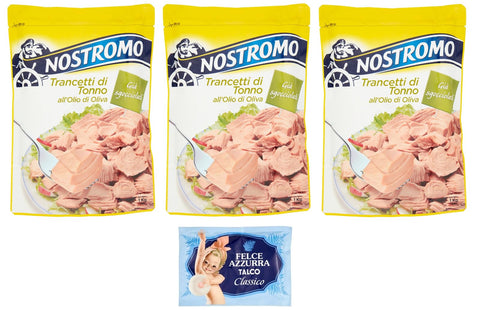 Nostromo Trancetti Di Tonno All'olio Di Oliva Lot De 3 Steaks De Thon À L'huile D'olive, Sac De 1 Kg + 1 Sachet De Talc Felce Azzurra Gratuit, Sachet De 100 G