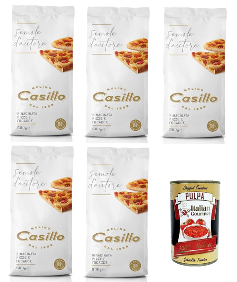 Molino Casillo Semola D'autore Farina Di Semola Rimacinata Per Pizze E Focacce Farine De Semoule Moulue Pour Pizzas Et Focaccia 5 X 500 G + Italian Gourmet Polpa 400 G