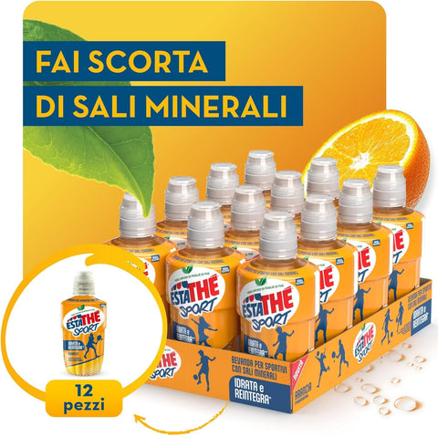 Estathè Sport Boisson sportive au thé à l'orange 12 x 250 ml – Boisson rafraîchissante à l'orange avec des minéraux et un bouchon sport pratique pour l'école, le bureau, l'entraînement, le football, le tennis et le fitness.
