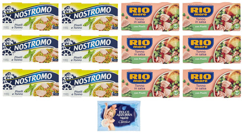 Rio Mare Nostromo Lot De 12 Sachets De Test Pour Thon Et Pois 150 G + 1 Sachet De Poudre De Talc Felce Azzurra 100 G
