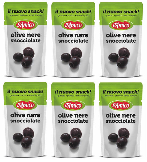 6 X D'amico Il Nuovo Snack Olive Nere Snocciolate Olives Noires Dénoyautées Sans Liquide 75 G