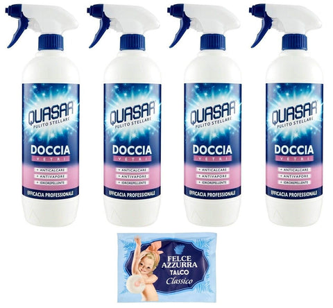Quasar Doccia Vetri Lot De 4 Nettoyants Pour Verre De Douche 650 Ml + 1 Lot De Poudre De Talc Felce Azzurra Gratuite, Sachet De 100 G
