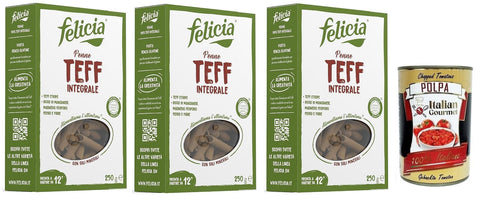Felicia Penne Di Teff Integrale Lot De 3 Pâtes Avec 100 % Teff À Grains Entiers, Goût Authentique De La Cuisine Éthiopienne, Paquet De 250 G + Boîte Italienne Gourmet Polpa Di Pomodoro 400 G