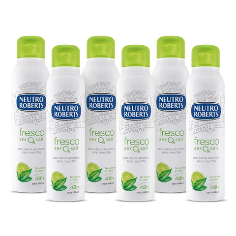 Neutro Roberts, Déodorant Spray Frais Vert Avec Thé Vert Et Citron Vert, Zéro Sels D'aluminium, Zéro Taches, Déodorant Homme Et Femme – 6 Flacons De 150 Ml – Exclusivité Amazon