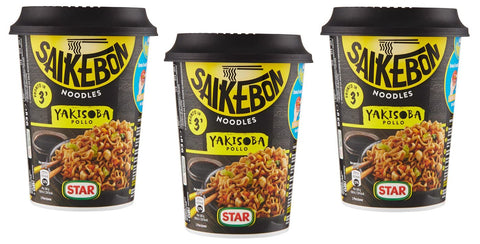 Lot De 3 Plats Japonais Star Saikebon Noodles Yakisoba Pollo Composé De Pâtes, De Poulet Et De Légumes 93 G