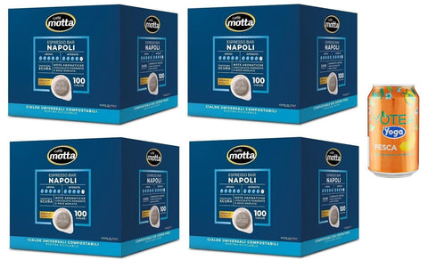 Rummo Lot De 4 Dosettes De Café Motta Ese, 44 Mm, 100 Dosettes De Café, Mélange Napoli, Dosettes De Café Compostables + 1 Boîte De Thé Glacé À La Pêche De 330 Ml