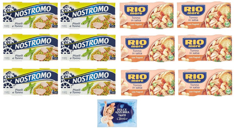 Rio Mare Lot De 12 Paquets De Test Pour Thon Et Haricots + Thon Et Pois Nostromo 2 X 150 G + 1 Sachet De Talc Felce Azzurra 100 G