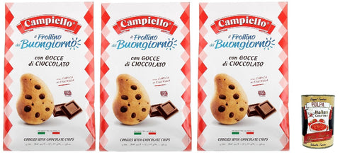 Campiello Il Frollino Del Buongiorno Con Gocce Di Cioccolato, Biscuits Avec Pépites De Chocolat, Biscuits, Cookies, 3x 350g + Italian Gourmet Polpa 400g