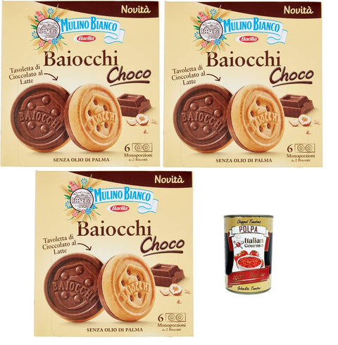 Mulino Bianco Biscotti Baiocchi Choco, Biscuit De Pâte Et Comprimé De Chocolat Au Lait Avec Des Noisettes, Excellent Comme Une Collation, Biscuits Cookies, 3x 144g + Italian Gourmet Polpa 400g