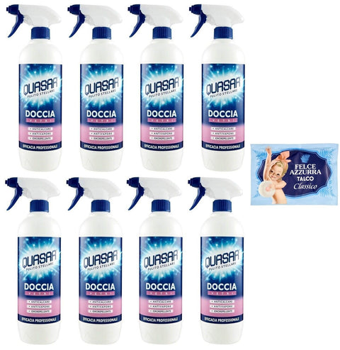 Quasar Doccia Vetri Lot De 8 Nettoyants Pour Verre De Douche 650 Ml + 1 Lot De Poudre De Talc Felce Azzurra Gratuite, Sachet De 100 G