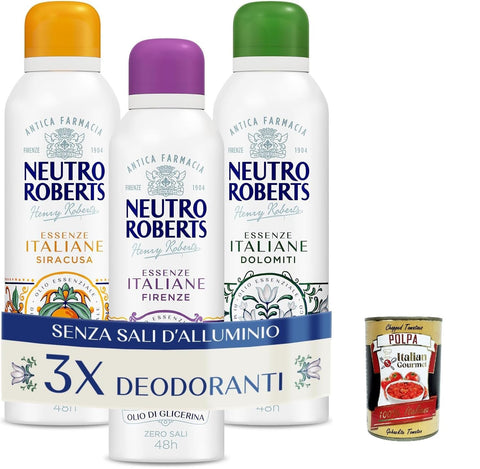 Neutro Roberts Kit Déodorant En Spray Essenze Italiane Dolomiti, Siracusa Et Firenze Sans Sels D'aluminium, Sans Taches À L'huile De Glycérine Pure, 48h – 3 X 200 Ml + Italian Gourmet Polpa 400 G