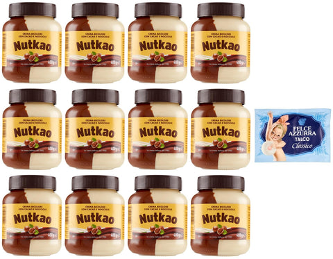 Nutkao Crema Bicolore Cacao Lot De 12 Pots De Crème À Tartiner Au Cacao Aux Noisettes Et À La Vanille 400 G + 1 Sachet De Talc Felce Azzurra Gratuit 100 G