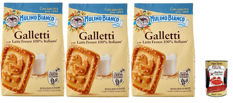 Mulino Bianco Galletti, Biscotti Con Latte Fresco 100% Italiano, Biscuits Au Lait Frais 100% Italien, Biscuits Cookies, 3x 350g + Italian Gourmet Polpa 400g
