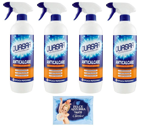 Quasar Lot De 4 Nettoyants Anticalcaires Extra Forts 650 Ml + 1 Sachet De Poudre De Talc Felce Azzurra 100 G