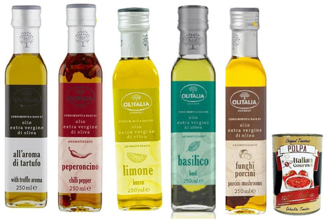 Olitalia Olio Condimento A Base Di Olio Extra Végine Di Oliva All'aroma Lot De 5 Flacons D'huile D'olive Extra Vierge Au Goût 5 X 250 Ml + Polpa Italian Gourmet 400 G