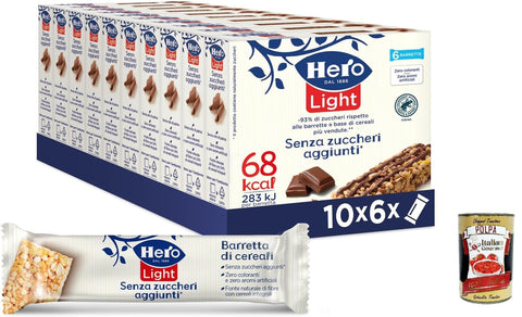 Hero Light Lot De 10 Boîtes De 6 Barres De 20 G Avec Céréales Et Chocolat, Snacks Sans Sucre, Sans Huile De Palme, Zéro Conservateur, 10 Paquets De 6 Barres X 20 G + Italian Gourmet Polpa 400 G