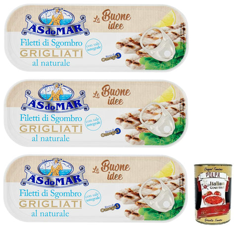 As Do Mar Filetti Di Sgombro Grigliati Al Naturale Lot De 3 Filets De Maquereau Grillés Naturels Et Sel Entier, Boîte De 120 G + Boîte Italienne Gourmet Polpa Di Pomodoro 400 G