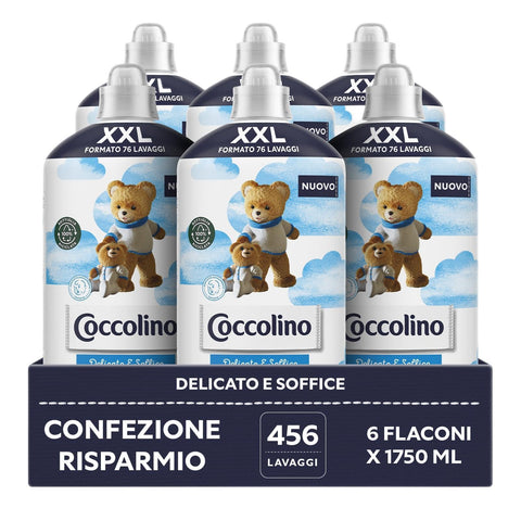 Coccolino Adoucissant Concentré Délicat Et Doux, Adoucissant Lave-Linge Hypoallergénique Et Testé Dermatologiquement, Format Xxl Jusqu'à 456 Lavages, 6 Pièces De 1750 Ml