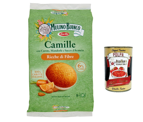 6x Mulino Bianco Camille Snack Riche En Fibres, Carottes Italiennes, Amandes, Jus D'orange, 8 Gâteaux, 304 G + Polpa Gourmet Italien 400 G