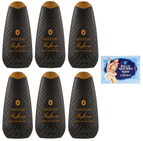 Pino Silvestre Bath Foam Bagnoschiuma Classico Olio Di Argan Lot De 6 Gels Douche À L'huile D'argan 750 Ml + 1 Paquet De Talc Felce Azzurra, Sachet De 100 G