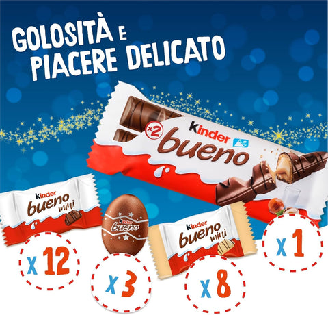 Kinder Bueno Calendario dell'Avvento Calendrier de l’Avent 181g – Fourrage chocolat et crème noisette – Parfait pour Noël