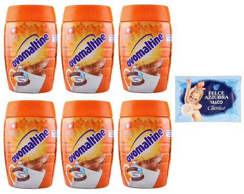 Ovomaltine Lot De 6 Boissons En Poudre Contenant Du Malt Goût Cacao 400 G + 1 Paquet De Talc Felce Azzurra Gratuit, Sachet De 100 G