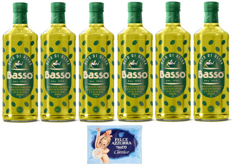 Lot De 6 Bouteilles D'huile D'olive Basso Olio Di Oliva, Super Pour La Friture, Bouteilles En Verre De 1 L + 1 Paquet De Talc Felce Azzurra Gratuit, Sachet De 100 G