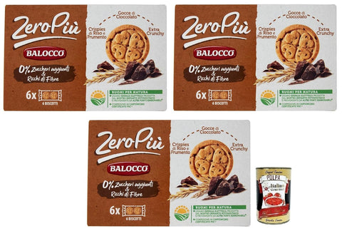 Balocco Zero Più Biscotti Sans Sucre Ajouté, Biscotti, Avec Du Riz Et Des Croustillages De Blé, Groches Au Chocolat Et Plus Croquantes, 3x 210g + Italian Gourmet Polpa Di Pomodoro 400g Dose