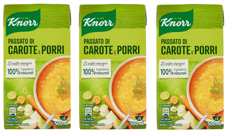 3 X Knorr Passato Di Carote E Porri Purée De Carottes Et Poireaux Plat De Soupes Prêtes À Être Chauffées 500 Ml