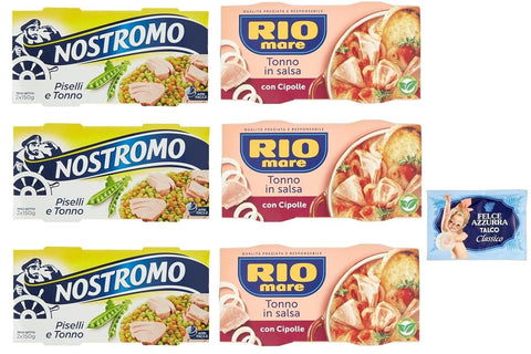 Rio Mare Lot De 6 Paquets De Test Pour Thon Et Oignons + Thon Et Pois Nostromo 2 X 150 G + 1 Sachet De Talc Felce Azzurra 100 G