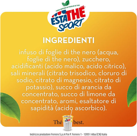 Estathè Sport Boisson sportive au thé à l'orange 12 x 250 ml – Boisson rafraîchissante à l'orange avec des minéraux et un bouchon sport pratique pour l'école, le bureau, l'entraînement, le football, le tennis et le fitness.