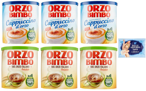 Orzo Bimbo Lot De 6 Paquets De Test Pour Cappuccino Soluble D'orge 150 G + Orzo Bimbo Orzo Bimbo 120 G, Une Alternative Sans Caféine + 1 Sachet De Talc Felce Azzurra Gratuit 100 G