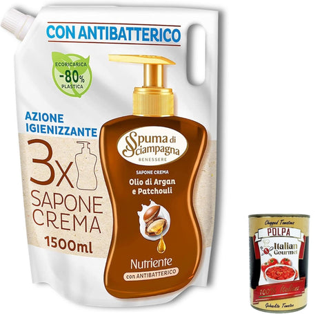 Spuma Di Sciampagna Lot De 6 Recharges De Savon Liquide, Huile D'argan Ecoricarica Et Patchouli Benessere Idratante Liquid Soap – 1500 Ml + Italian Gourmet Polpa 400 G