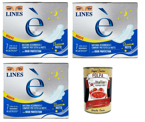 Lines È Notte Con Ali Lot De 3 Paquets De 7 Sachets Absorbants En Lactifless Pour La Nuit Avec Ailes + Polpa Italien Gourmet 400 G