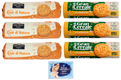 Biscotti Cereali Ore Liete Gran Cereale Lot De 6 Biscuits Avec Céréales, Emballés Dans Un Tube De 250 G + 1 Sachet De Talc Felce Azzurra 100 G