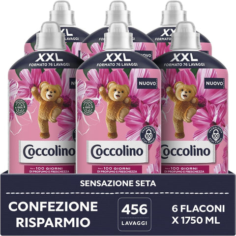 Coccolino Adoucissant Concentré Sensation Soie, Assouplissant Machine À Laver Avec Technologie Stay Fresh, Parfum Rose, Fleurs De Lilas Et Pêche, Format Xxl Jusqu'à 456 Lavages, 6 Pièces De 1750 Ml