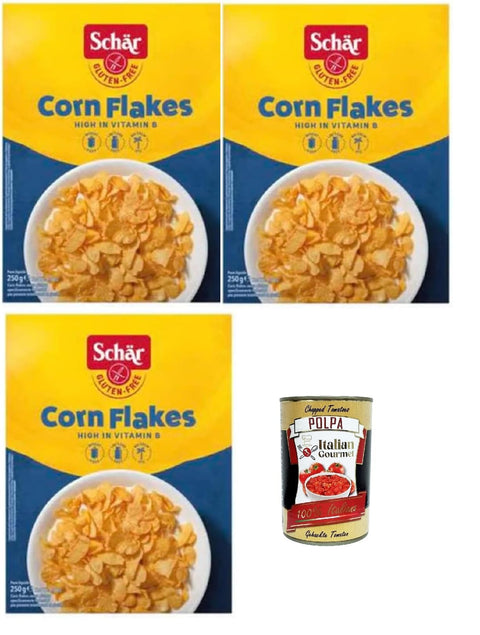 Schär Corn Flakes Dietetici Senza Glutine, Céréales, Flocons De Maïs Sans Gluten, 3 X 250 G + Italian Gourmet Polpa 400 G