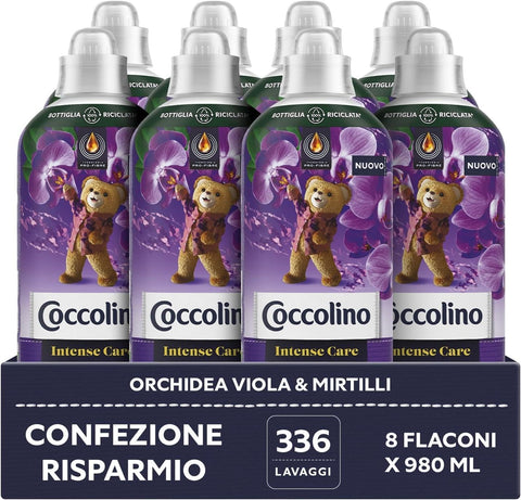 Coccolino Adoucissant Concentré Orchidée Pourpre Et Bleuets, Assouplissant Machine À Laver Intense Care Avec Technologie Pro-Fibre, Format Jusqu'à 336 Lavages, 8 Pièces De 980 Ml