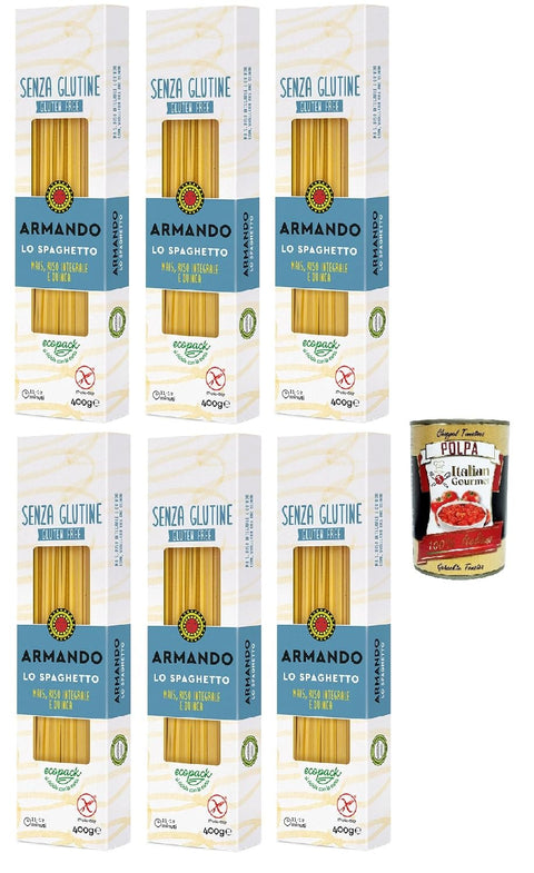 Armando, Lo Spaghetto Senza Glutine, Pâtes, Sans Gluten, Avec Plusieurs Céréales Avec Maïs, Riz Entier Et Quinoa, Spaghetti Gluten Free 6 X 400 G, + Italian Gourmet Polpa 400 G