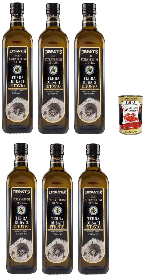 Desantis Olio Extra Virgin Di Oliva Dop, Huile D'olive Extra Vierge, Terra Di Bari Bitonto Dop, 6 X 0,75 L + Polpa Gourmande Italienne 400 G