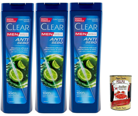Clear Anti Sebo Men Shampooing Anti-Sébum Pour Cheveux Et Cuir Chevelu Gras 3 X 225 Ml + Polpa Italian Gourmet 400 G