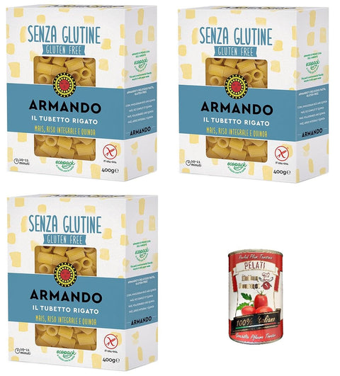 Armando, Il Tubetto Rigato Lot De 3 Nouilles Multi-Grains Sans Gluten Avec Maïs, Riz Brun Et Quinoa 400 G + Pelati Italien Gourmet 400 G