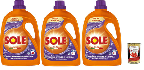 Sole Freschezza Naturale, Lavanda, 41 Lavages, Formule Désinfectante, Lessive Liquide Fraîche Naturelle Pour Machine À Laver, Élimine Les Taches À Faible Température, 3 X 1845 Ml + Italian Gourmet